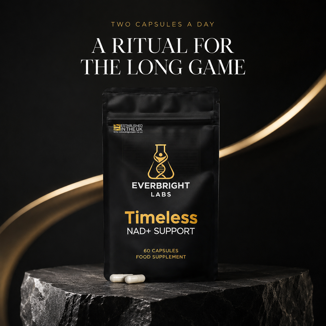 Timeless NAD+ Support — two capsules a day, a ritual for the long game.