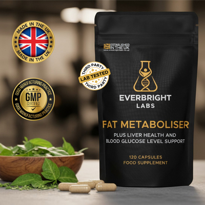 Everbright Labs Fat Metaboliser 120 capsule pouch, stimulant-free 7-in-1 metabolic support supplement, UK-made GMP certified