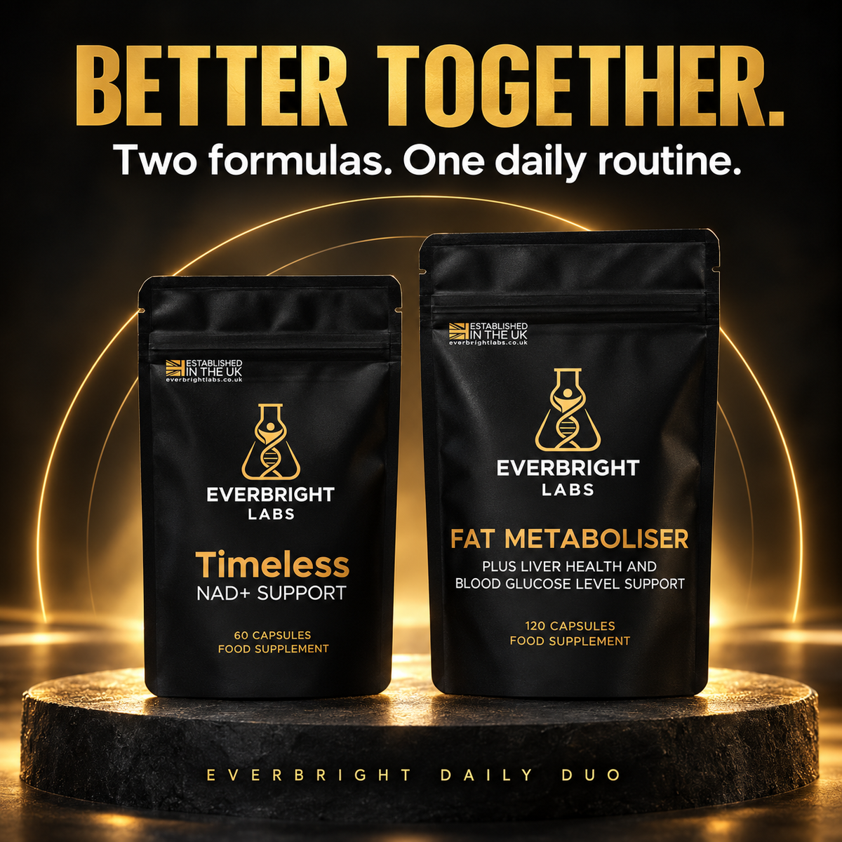 EverBright Daily Duo with Timeless and Fat Metaboliser: Better together. Two formulas. One daily routine.