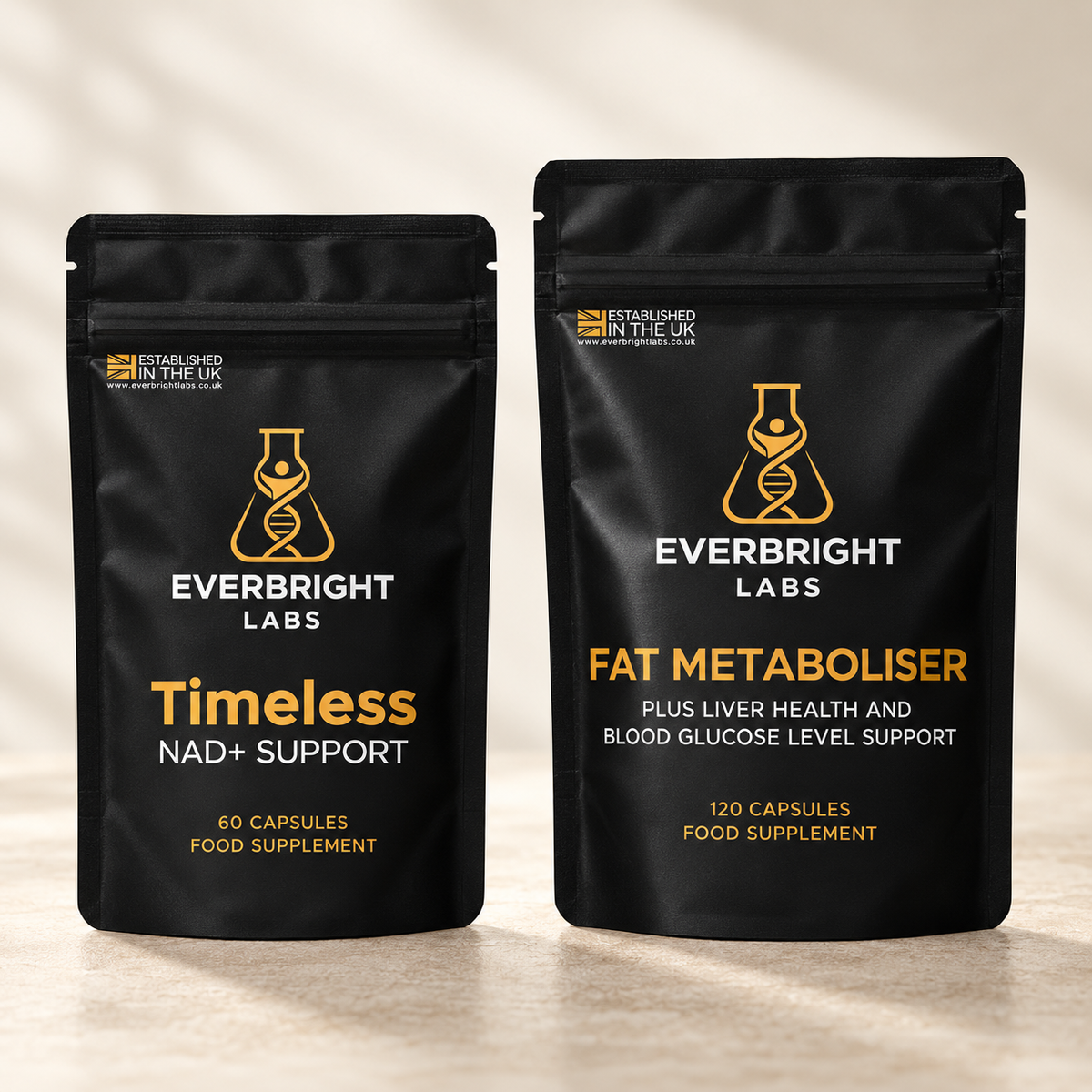 EverBright Daily Duo: Timeless NAD+ Support and Fat Metaboliser pouches on a light background.