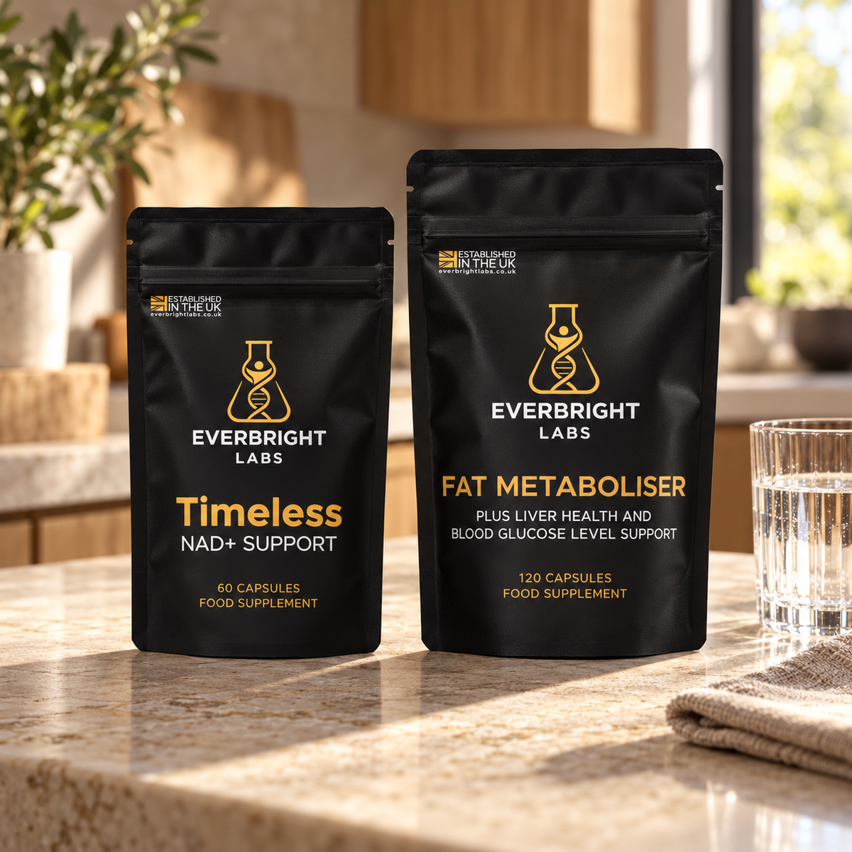 Timeless NAD+ Support and Fat Metaboliser pouches beside a glass of water on a sunlit kitchen counter.