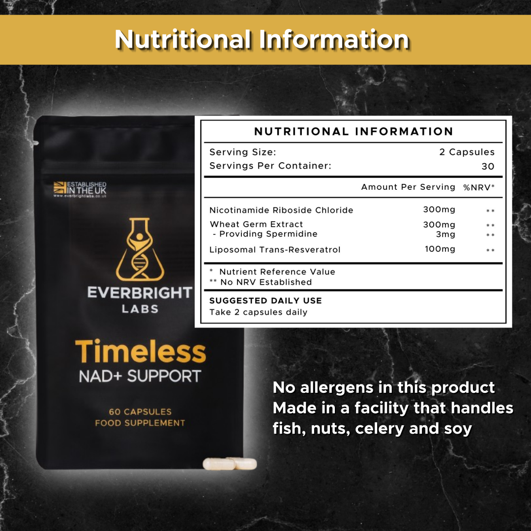 Timeless NAD+ Support nutritional information — Nicotinamide Riboside 300mg, Spermidine 3mg, Liposomal Trans-Resveratrol 100mg, 2 capsules daily, 30 servings