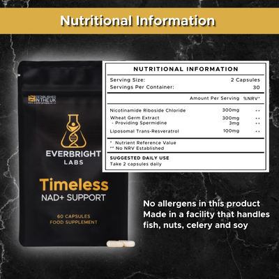 Timeless NAD+ Support nutritional information — Nicotinamide Riboside 300mg, Spermidine 3mg, Liposomal Trans-Resveratrol 100mg, 2 capsules daily, 30 servings