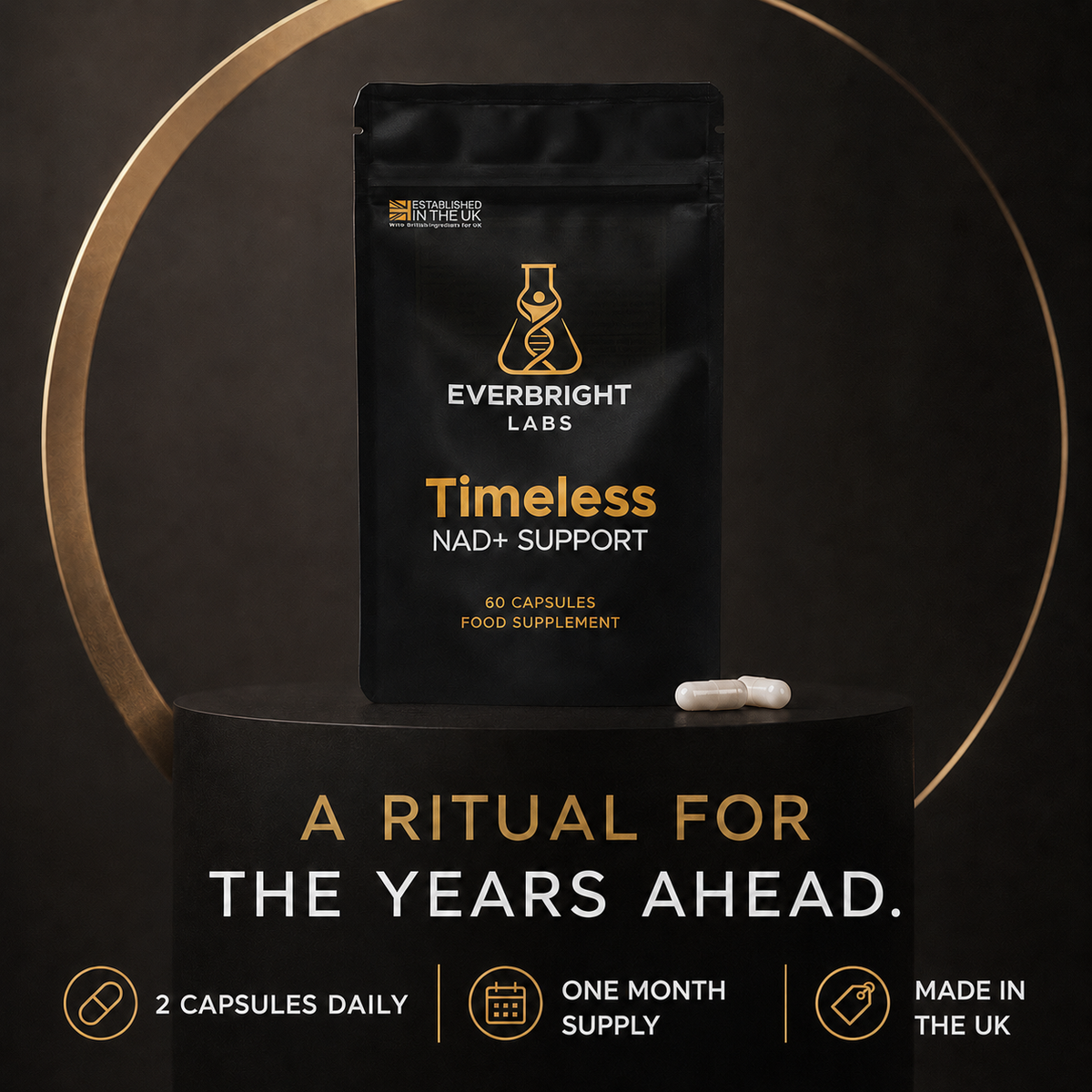 Timeless NAD+ Support, two capsules daily and one month supply.